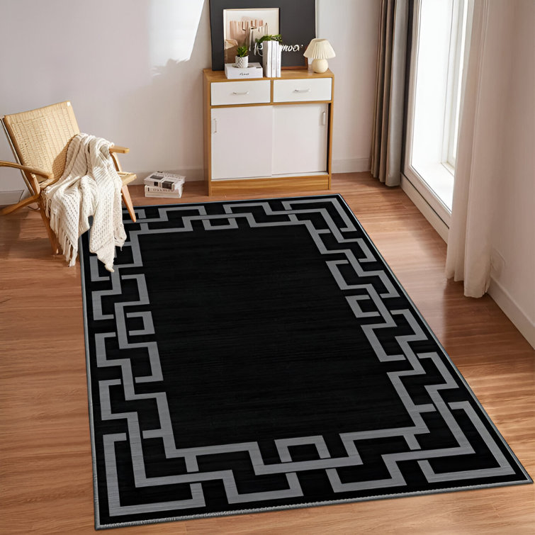 Nico Black Geometric Area Rug: Modern Greek Key Border, Washable, Low-Pile, High-Traffic Carpet Rug