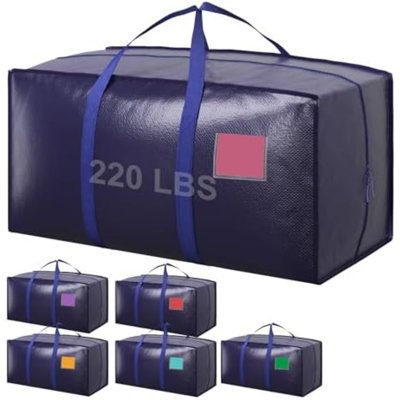Ensemble de 6 sacs de déménagement ultra-résistants de 210 g/m² avec fermeture éclair latérale intégrale, 93 L, 100 kg, imperméables et pliables, parfaits pour l'emménagement en résidence étudiante, comme alternative aux boîtes de déménagement et pour l'organisation de la maison, bleus.