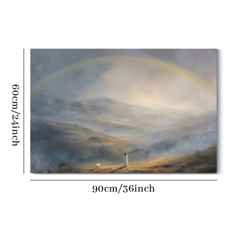 1Pc Christian impression sur toile encadrée Jésus avec des moutons, paysage de montagne arc-en-ciel, style de symbolisme religieux, art mural