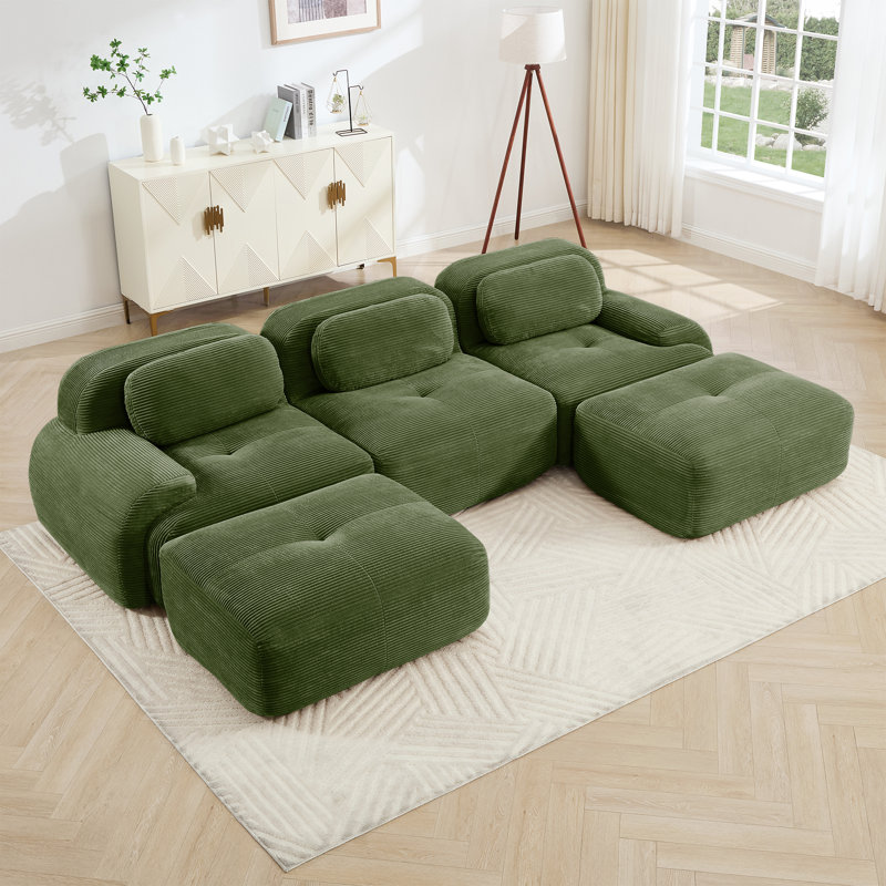 Premium Corduroy U-shaped Sofas, Space-saving Design, Olive Green