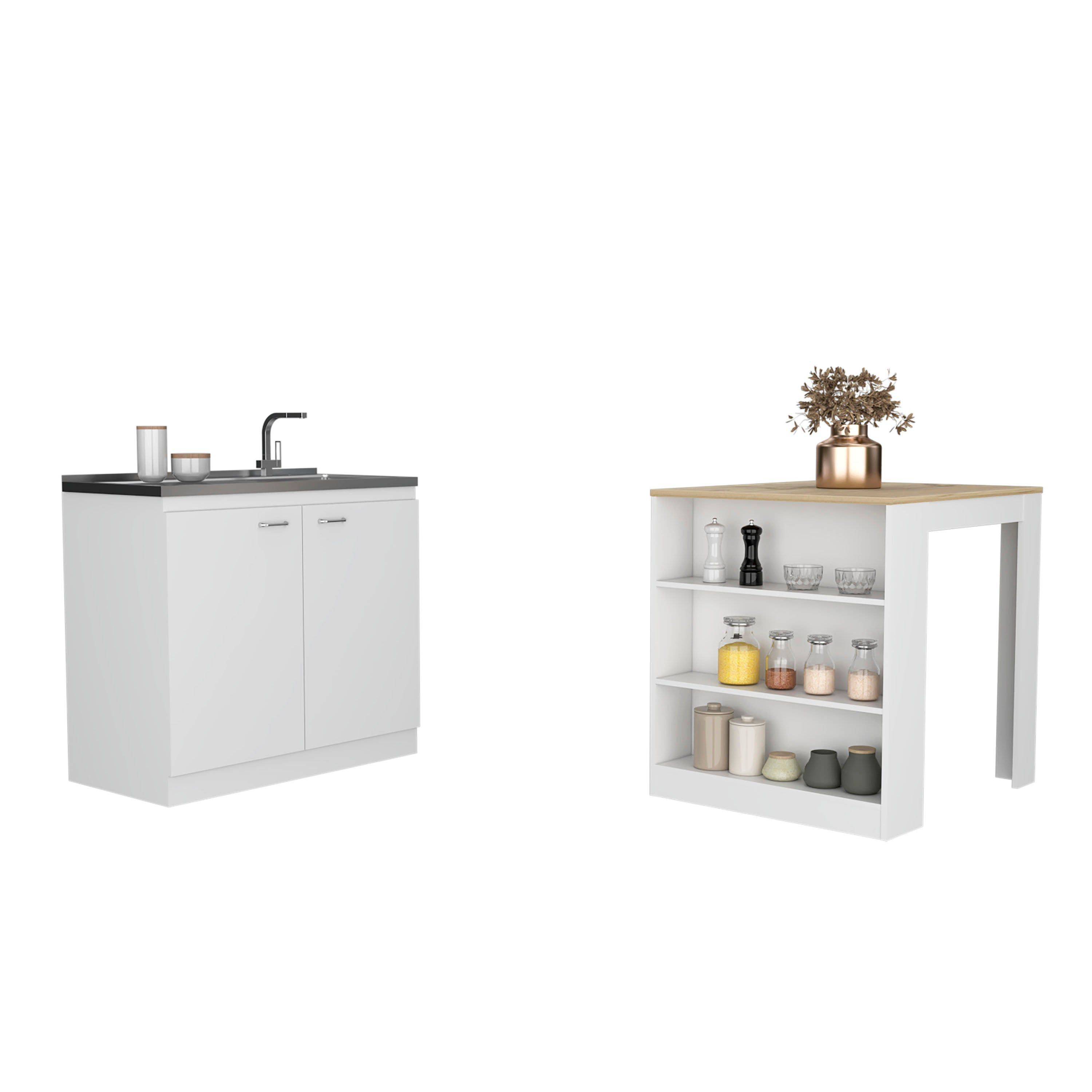 Latitude Run® Memphis 2 Piece Kitchen Set, Kitchen Island + Utility Sink  Cabinet, White /Light Oak