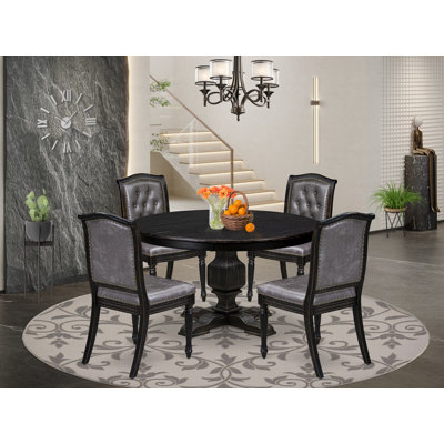 Cet ensemble de salle à manger 5 pièces comprend une table de salle à manger et 4 chaises en tissu de polyester gris foncé de style Mid-Century avec dossier capitonné - Noir sablé