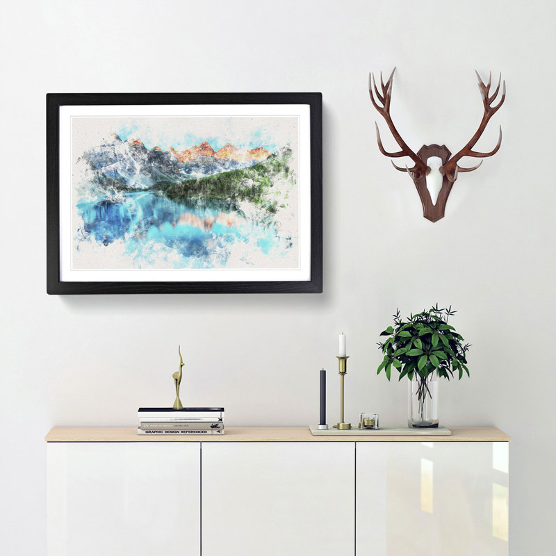 Banff National Park in Alberta Canada Watercolour - Picture Frame Graphic Art Print, 36cm H x 48cm W x 2cm D, Black Framed