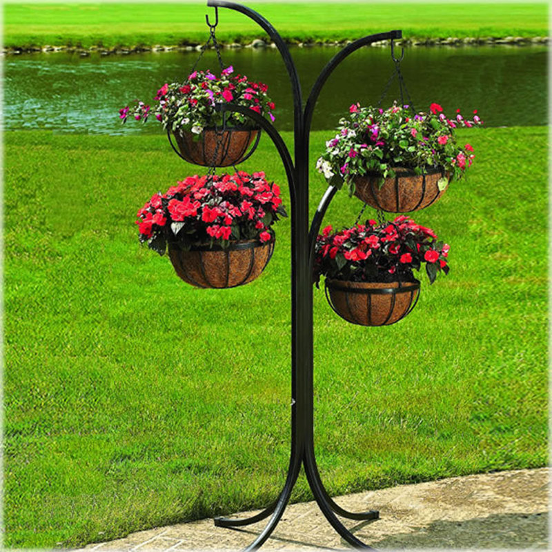 Black Metal 4-Arm Tree with Hanging Baskets