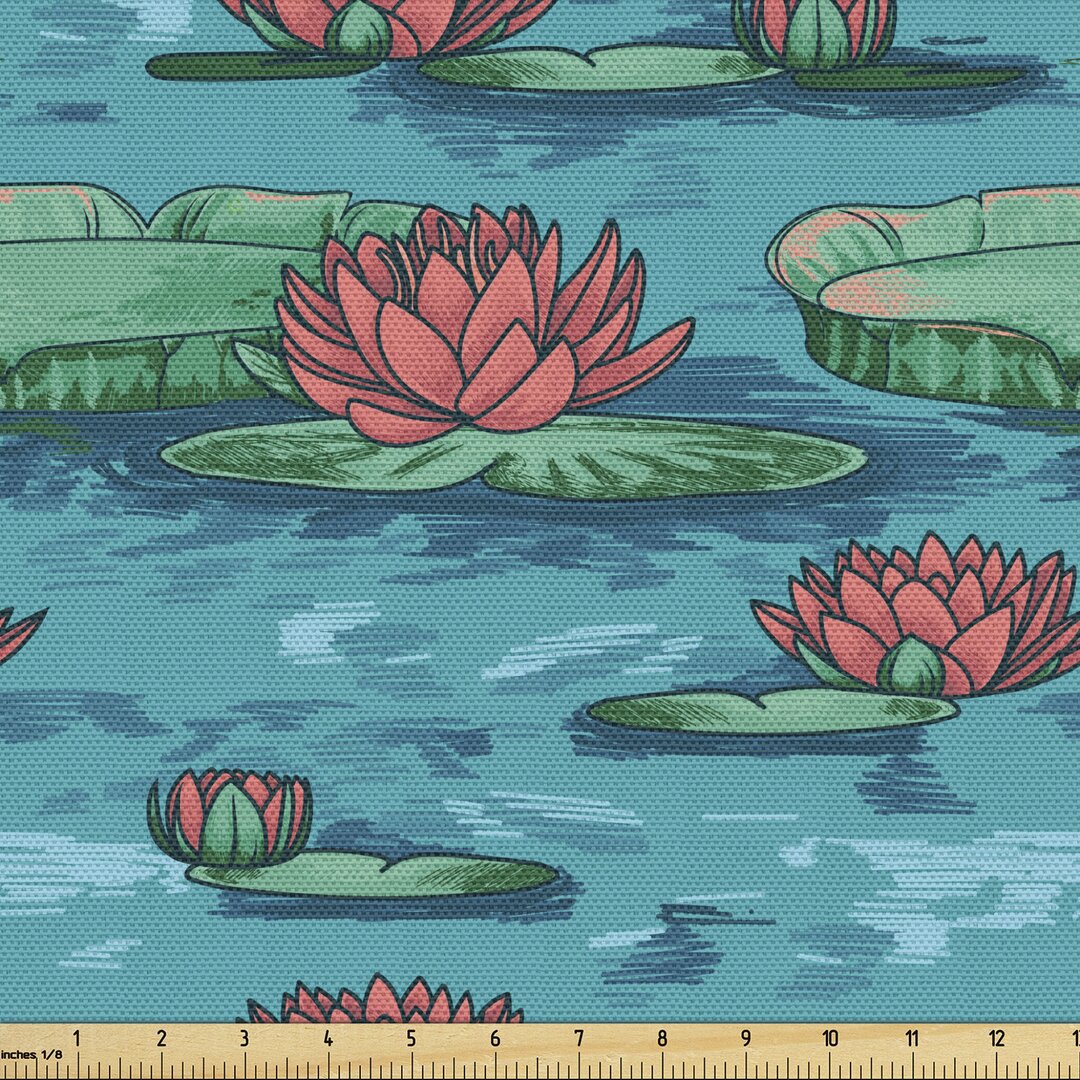 Gewebe als Meterware, Lotus-Blumen auf dem See, Botanisch, Sea Blue Coral Grün