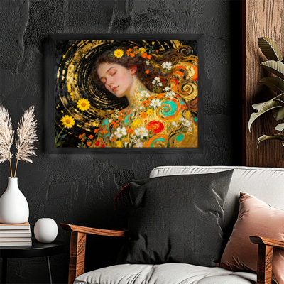 «Black Gustav Klimt», art abstrait avec femme et fleurs