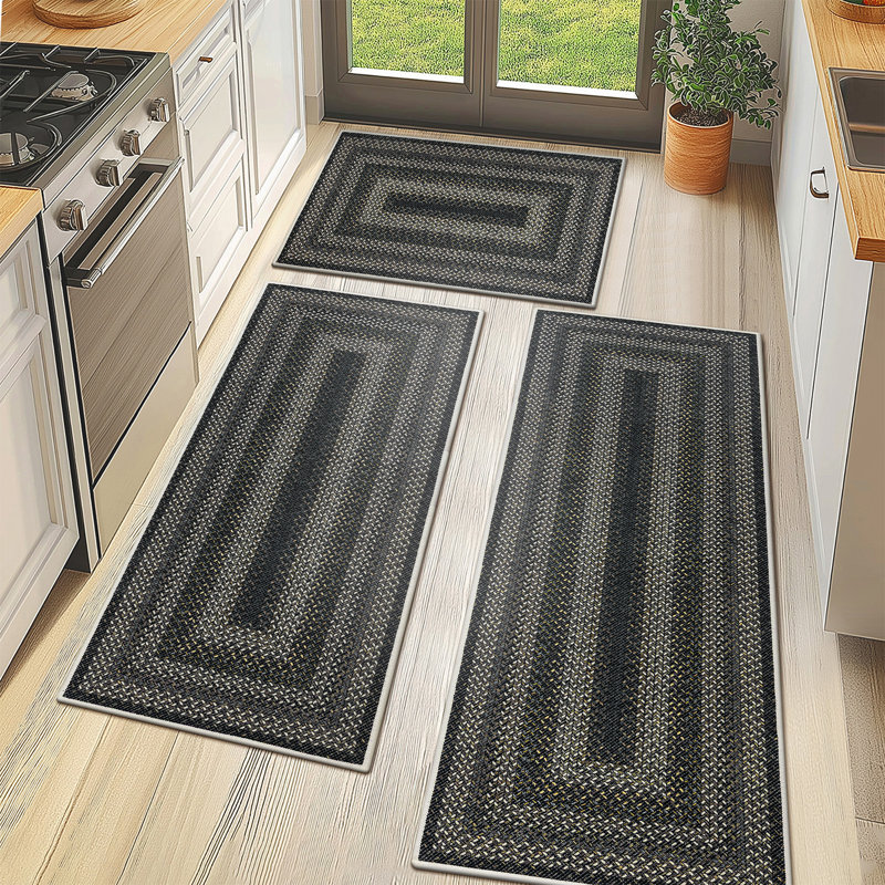 Machine Washable Kitchen Mat with Non-Slip Backing (Set of 3), Black;Gold
