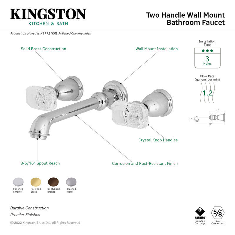 Kingston Brass Krystal Onyx Two-Handle 3-Hole Wall Mount Bathroom Faucet, Brushed Nickel