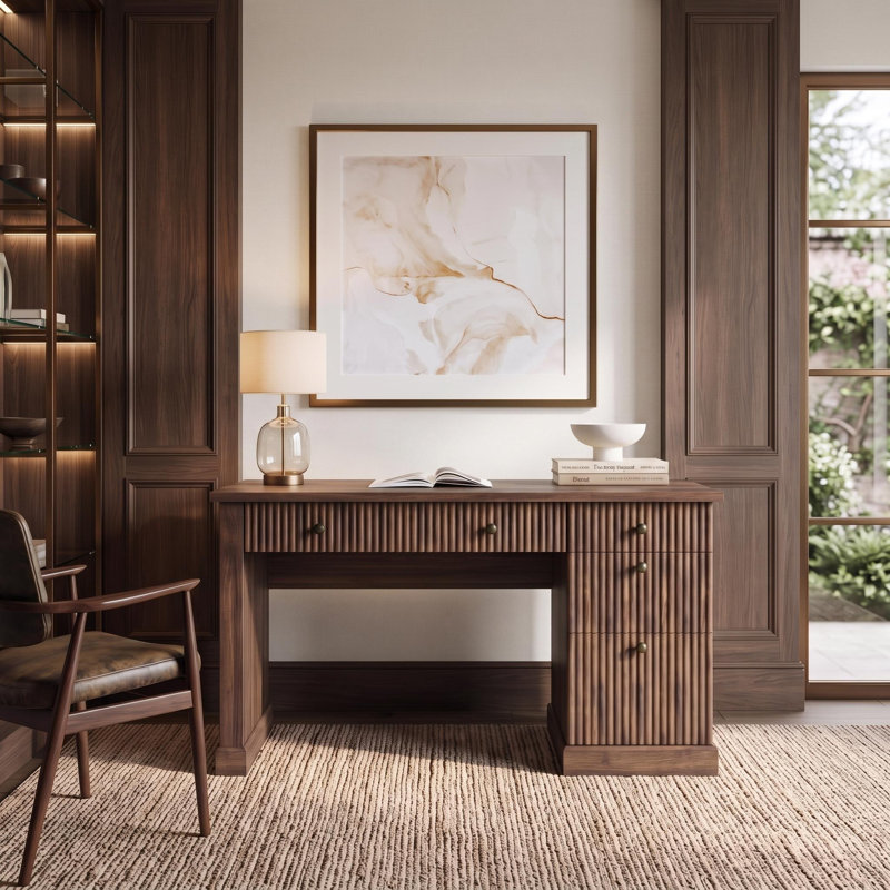 Fluted Home Office Desk Storage, 54" Modern Executive Desk with Charging Station, Wooden Computer Writing Desk with File Cabinet & Drawers for Study, Living Room