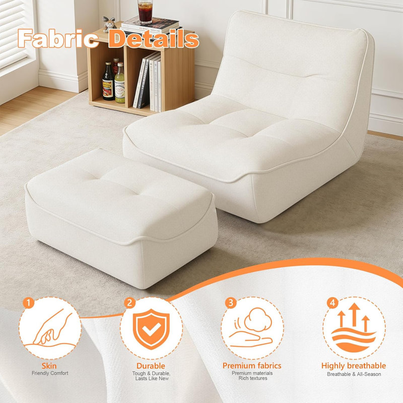 HDHNBA Oversized Faux Fur Bean Bag Chair With Matching Ottoman Ergonomic Indoor Lounge Furniture, Beige