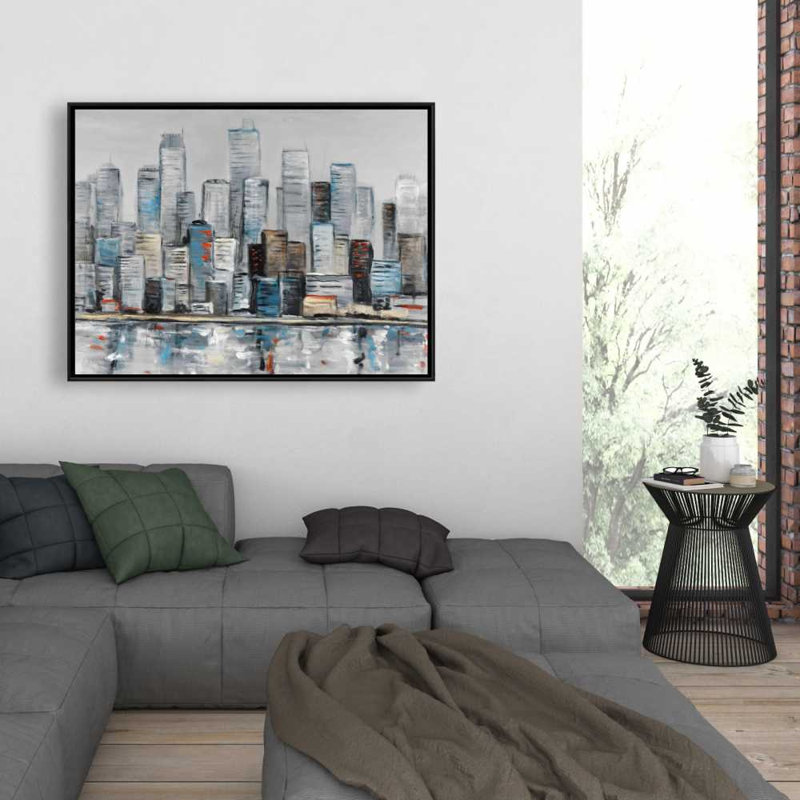 Abstrait urbain urbain abstrait - art contemporain sur toile gris encadré, H 37,25 po x l 49,25 po