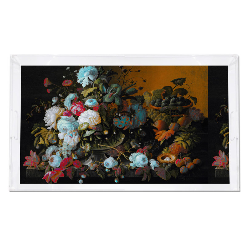 Bird Nest Floral Acrylic Rectangle Decorative Tray, Ochre Verdigris, 22.5"W x 14.5"D x 2"H