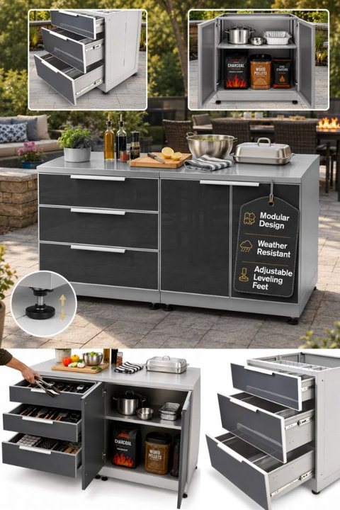 Outdoor modular kitchen island in gray with three drawers and a cabinet, featuring weather-resistant construction, adjustable leveling feet, and prep space on a stone patio.