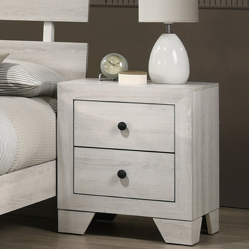 1Pc Rustic Two Drawers Storage Nightstand White Wash Finish Wooden Bedroom Furniture, White Washed