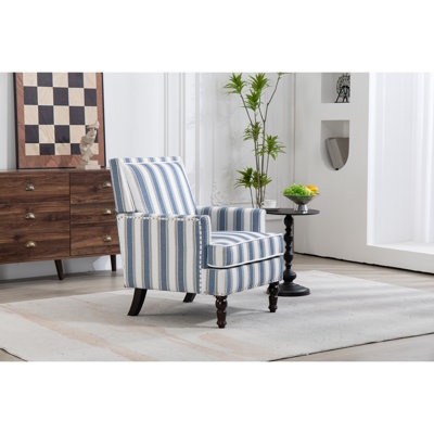 Fauteuil d'appoint vintage rembourré, fauteuil en lin rayé blanc cassé avec garniture cloutée, siège simple pour adultes pour le salon