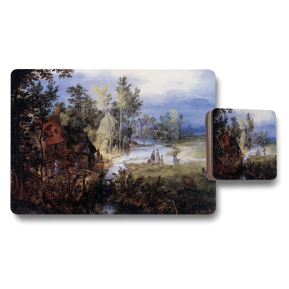 Vintage Landscape Placemat And Coaster Set With Rustic Village Scene