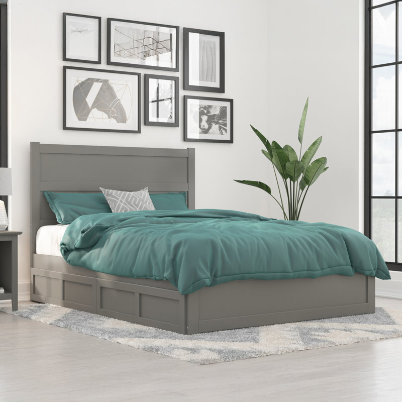 Lit plateforme avec rangement en bois massif Ney, gris, Grand, Oui