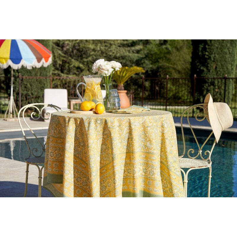 La Mer Handmade Floral Tablecloth, 90" Square, Yellow/Teal