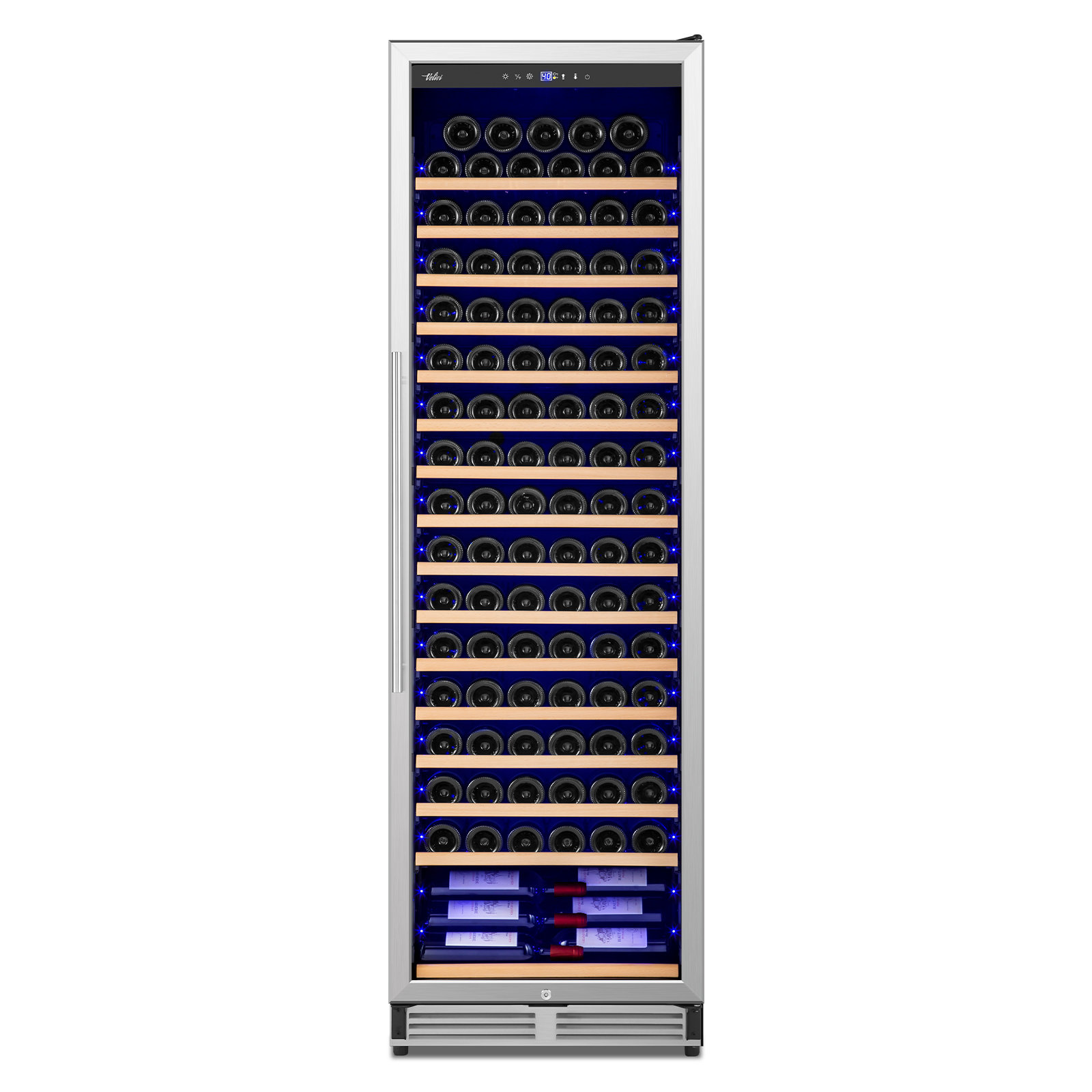 189 Bottle Built-in/Freestanding Single Zone Wine Refrigerator with Adjustable Thermostat, Blue LED Lighting, 16 Removable Beech Wood Shelves, UV-Resi | Fridge.com