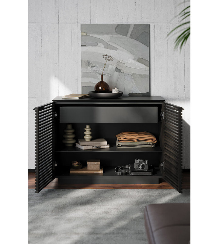 Chocolate Stained Walnut Adjustable Shelving Cabinet with Satin-Etched Glass