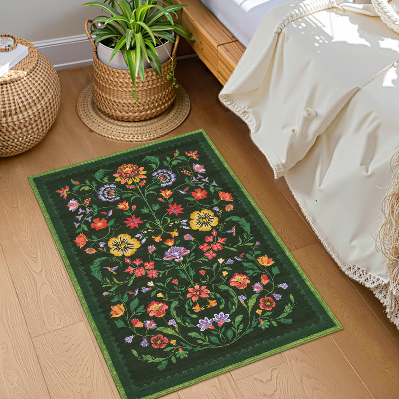 Floral Machine Washable Rug Non-Slip Farmhouse Floor Cover, Stain-Resistant Low Pile Indoor Carpet Mat for Living Room