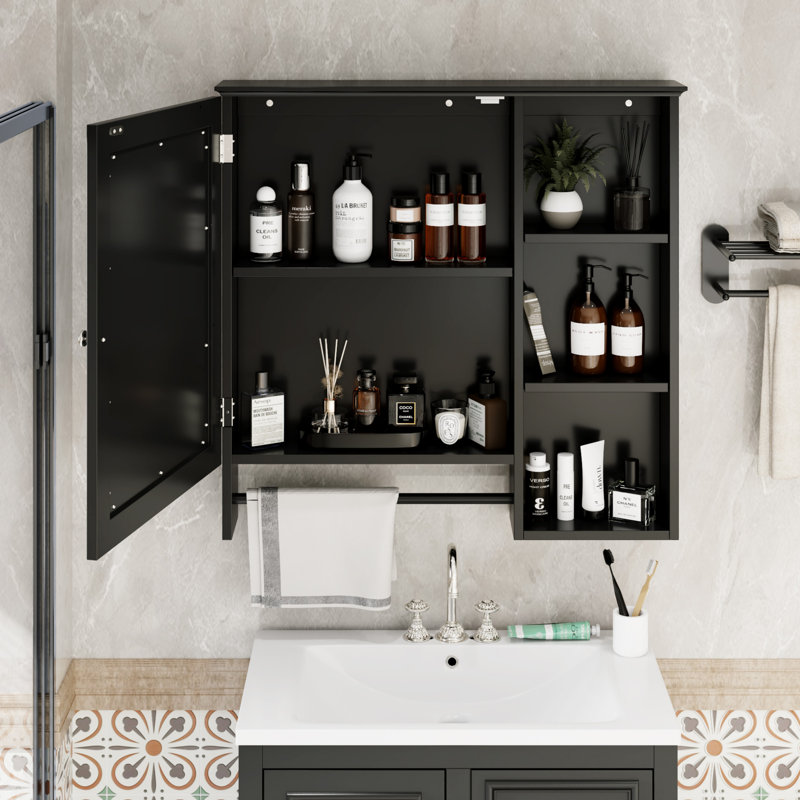 Armoire de rangement murale avec grande porte miroir, Noir / argenté