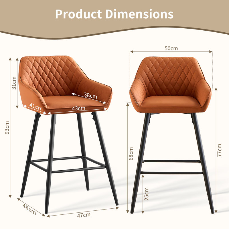 Saarrah 68cm Upholstered Bar Stool with Arms, 3, Orange Faux Leather