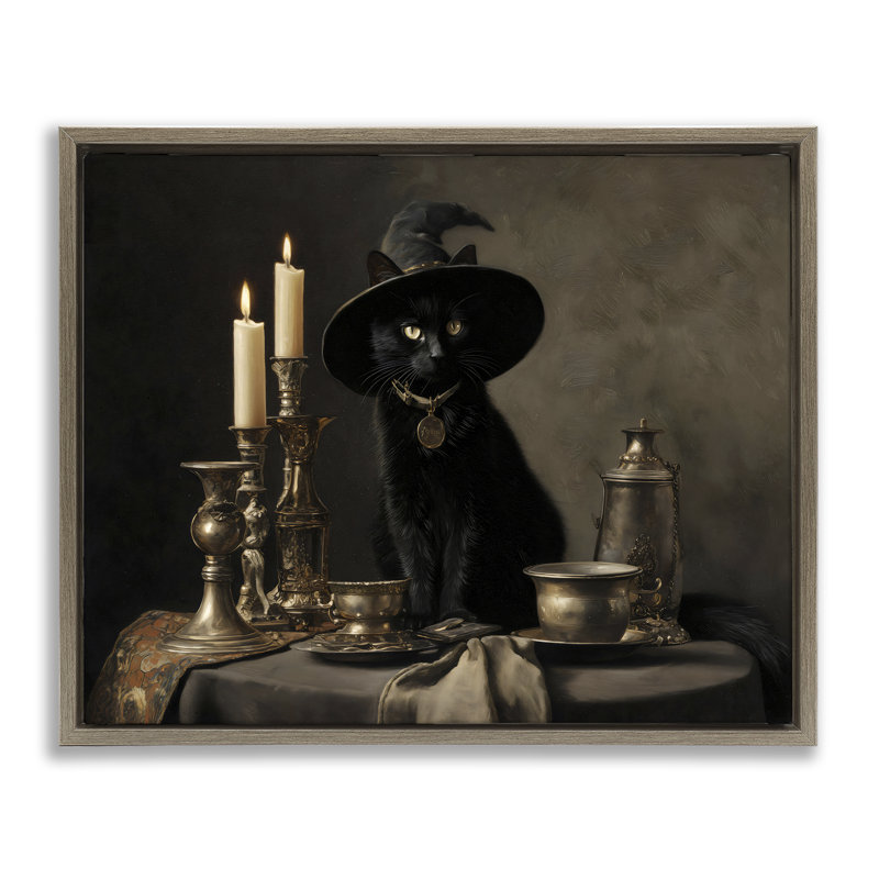 Cadre flottant rétro avec chat noir Witchy, design par Arlington Prints, Cadre flottant orme Montalcino, H 25 po x l 31 po