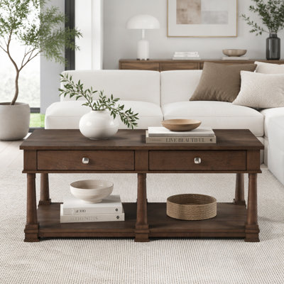 Farmhouse Wooden Coffee Table with 2 Storage Drawers & Lower Open Shelf, Rectangular Cocktail Table with Solid Wood Legs for Living Room
