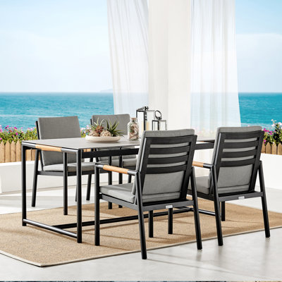 Ensemble repas d'extérieur en aluminium et teck avec coussins 5 pièces Urgeon