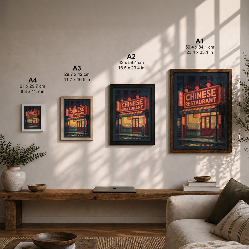 Neon Restaurant Sign Retro - Framed Print, Unframed, A3 - 42.0 x 29.7 cm