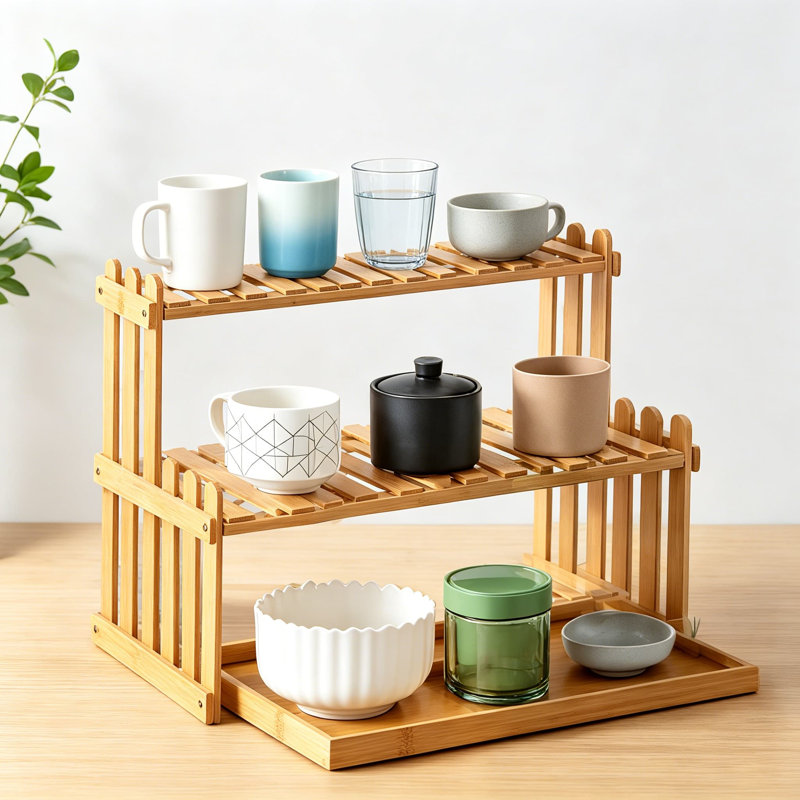 Support à tablette à 2 niveaux 14,6 pouces avec plateau de service en bambou de 13 pouces, support de rangement pour bar à café et porte-gobelet
