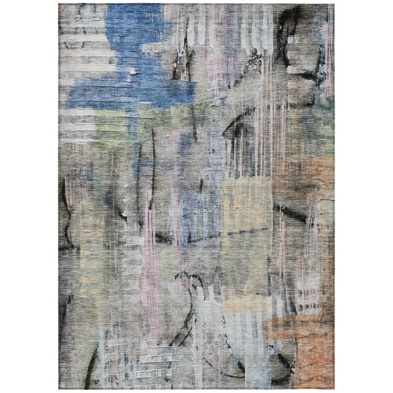 Machine Washable Indoor/Outdoor Xhevrie Blue Rug, Rectangle 5' x 7'6"