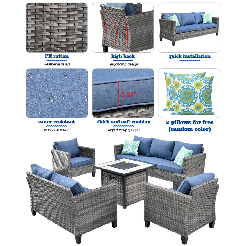 Ensemble de conversation avec canapé 7 pièces GRST, Bleu denim