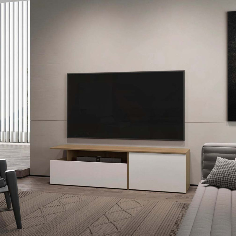 Natural Oak and White TV Stand with Drop-Down Door and Open Shelf