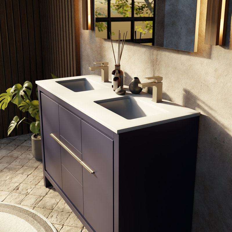 Lafarre Lafarre 48 in W x 20 in D Double Bath Vanity, Navy Blue, White Cultured Marble