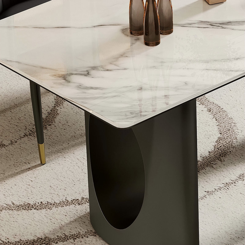 Table de salle à manger rectangulaire en verre trempé épais de 0,47 po avec base en acier au carbone, Noir