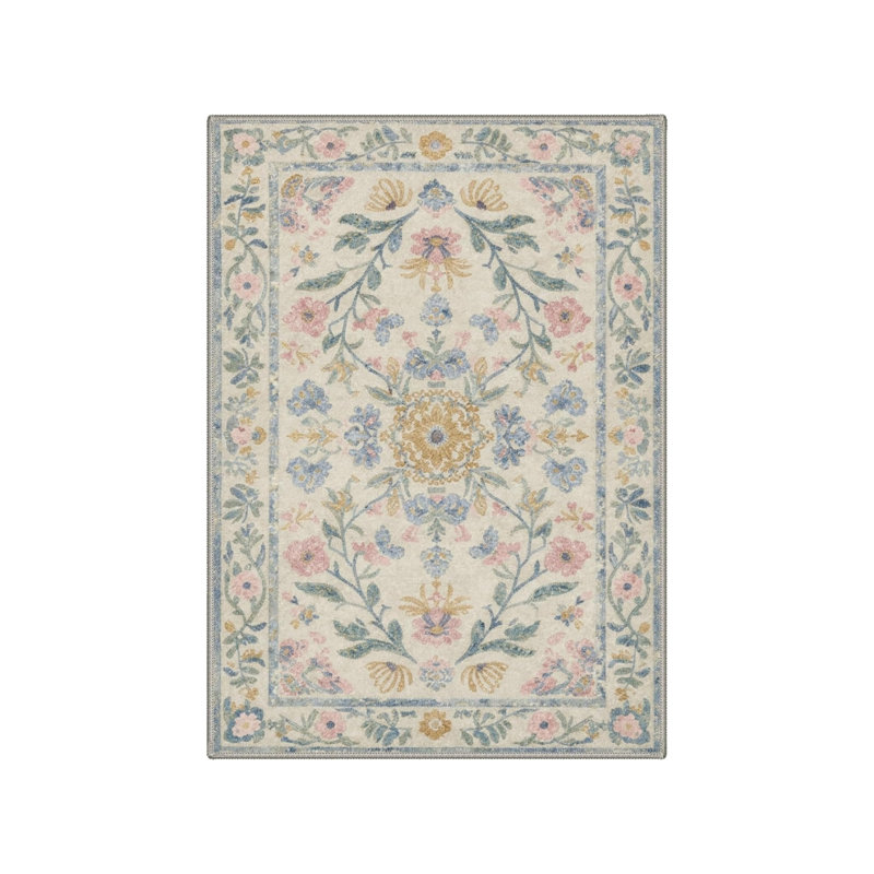 Pastel Blue Pink Floral 5 X 7 Ft Area Rug for Nursery & Living Room