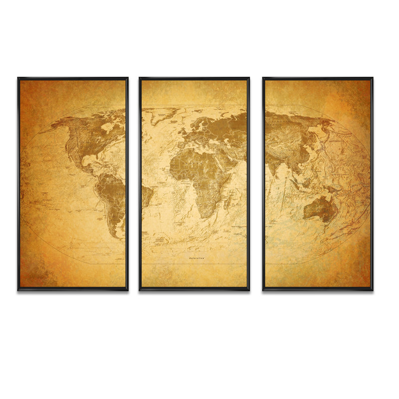 Carte rétro vintage - ensemble de 3 reproductions d'art sur toile encadrées, Cadre noir, H 28 po x l 36 po x P 1 po