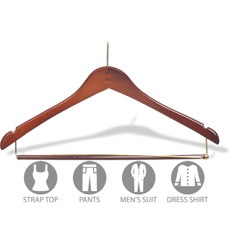 Porte-costumes en bois anti-vol, Noyer avec barre et laiton, 50