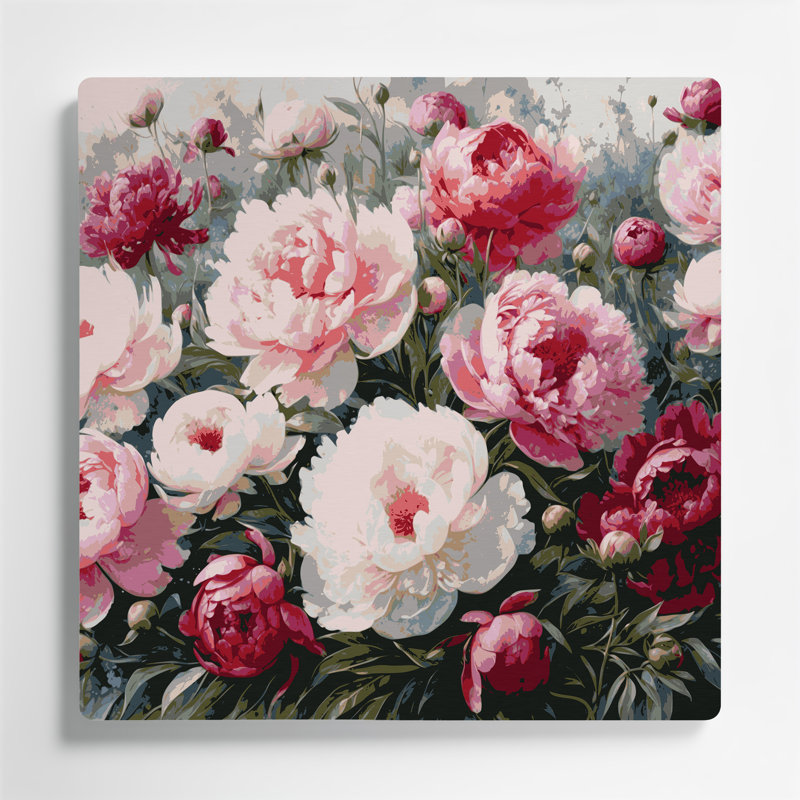 Art mural en métal beige pivoines botaniques, H 16 po x l 16 po