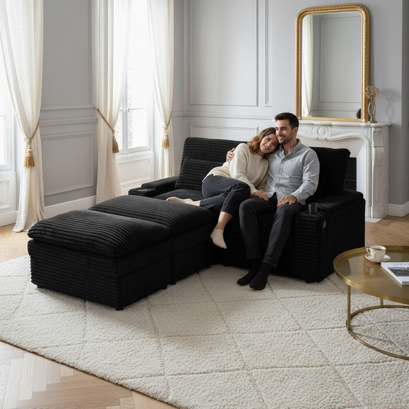 Canapé-lit modulaire convertible avec rangement, ports USB et porte-gobelets, Velours côtelé noir