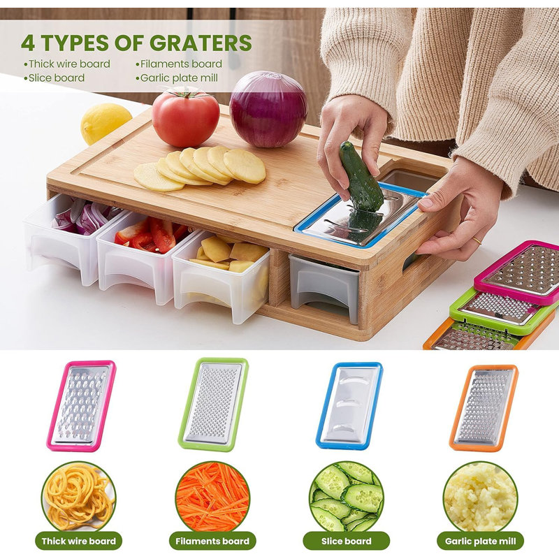 Versatile Bamboo Cutting Board With 4 Containers And Graters - Large Chopping Board With Juice Grooves, Easy-Grip Handles