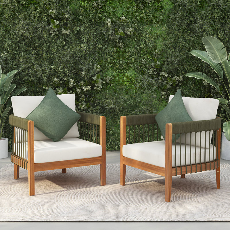 [Set of 2] Acacia Wood Outdoor Club Chair, Beige, Natural/Green