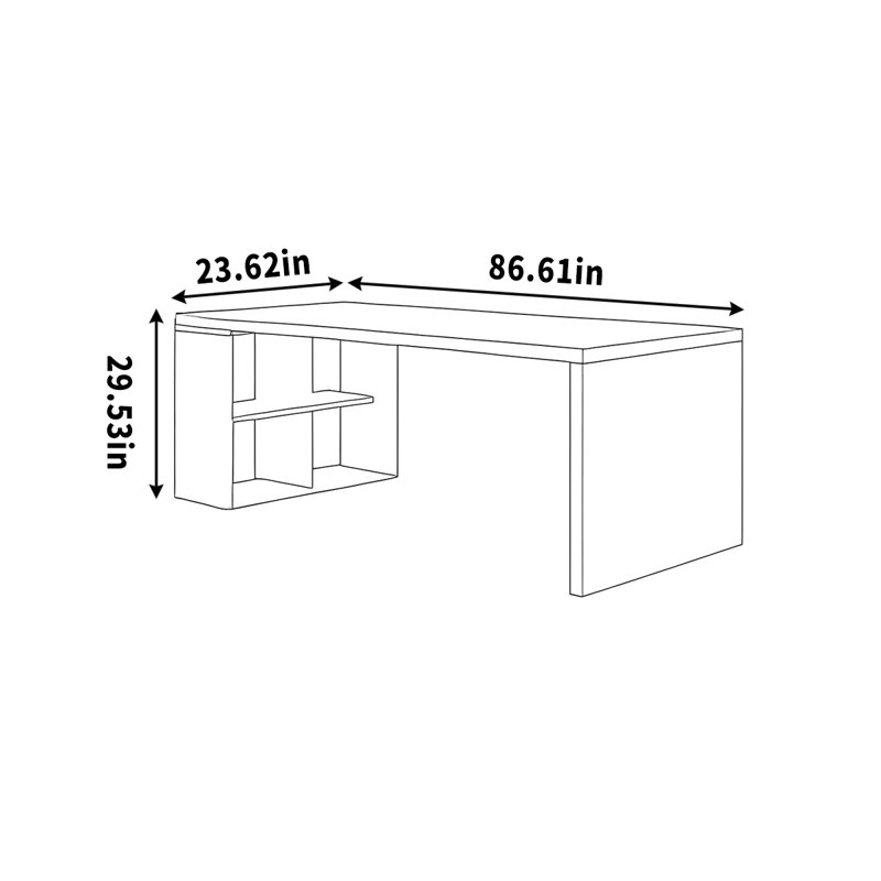 Un long bureau en bois massif noir avec armoires latérales, H 29,53 po x l 86,61 po x P 23,62 po