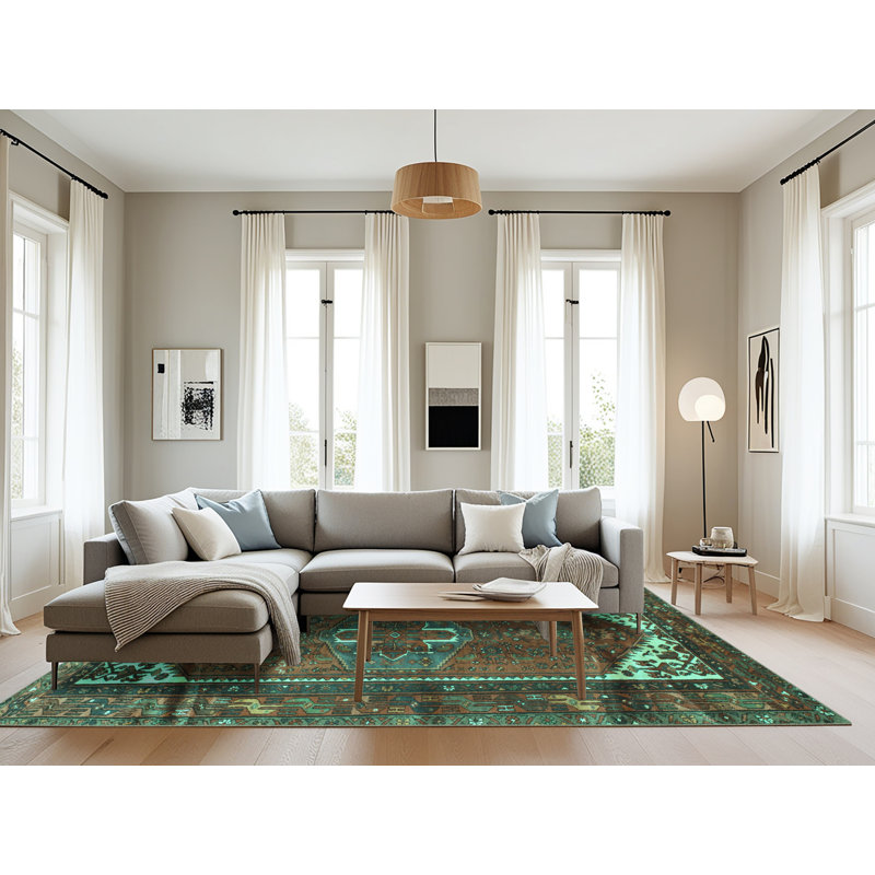 Tapis oriental fabriqué à la machine en vert / brun, Rectangle 8 pi x 10 pi