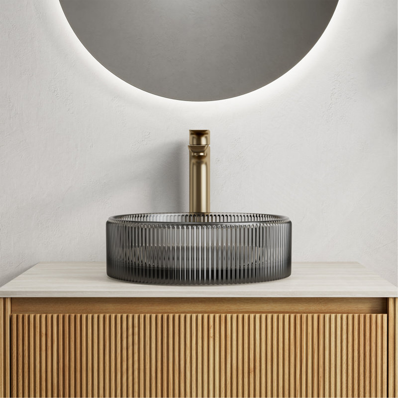 14"Bathroom Round Crystal Glass Sink without Faucet, Transparent, Noir