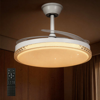 42" Retractable Ceiling Fans With Lights And Remote, Modern Chandelier Fandelier , Invisible Blades Led Ceiling Fan, Dimmable 6-speed Reversible Motor For Living Room, Bedroom - White