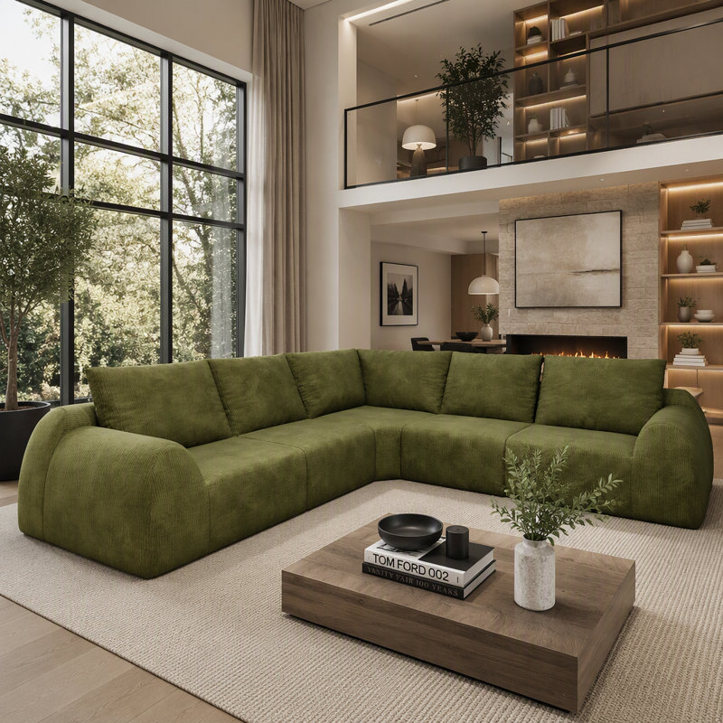 Canapé modulaire en V de 105 pouces avec 5 sièges modulaires et sans assemblage, Chenille vert foncé, Vert foncé