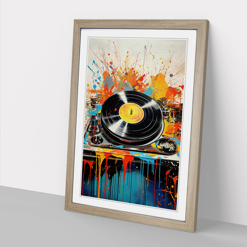 XYZ-FRM-V1223-5423 Record Player Action Painting - Single Picture Frame Print on Wood, 34cm H x 25cm W x 2cm D, Oak